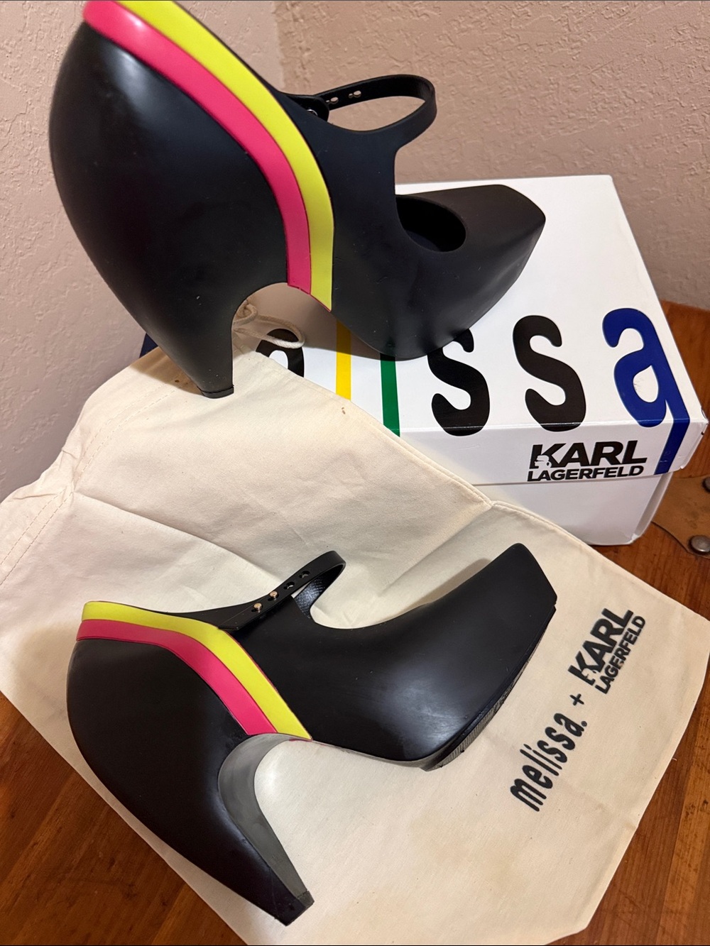 Melissa by Karl Lagerfeld  Black Mary Jane Pumps with Pink & Yellow Heel Stripes